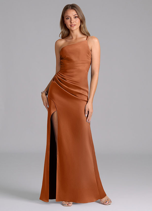 Azazie Eren Bruidsmeisjesjurken Jurk van Stretch Satijn met Zeemeermin One-shoulder Koper image1