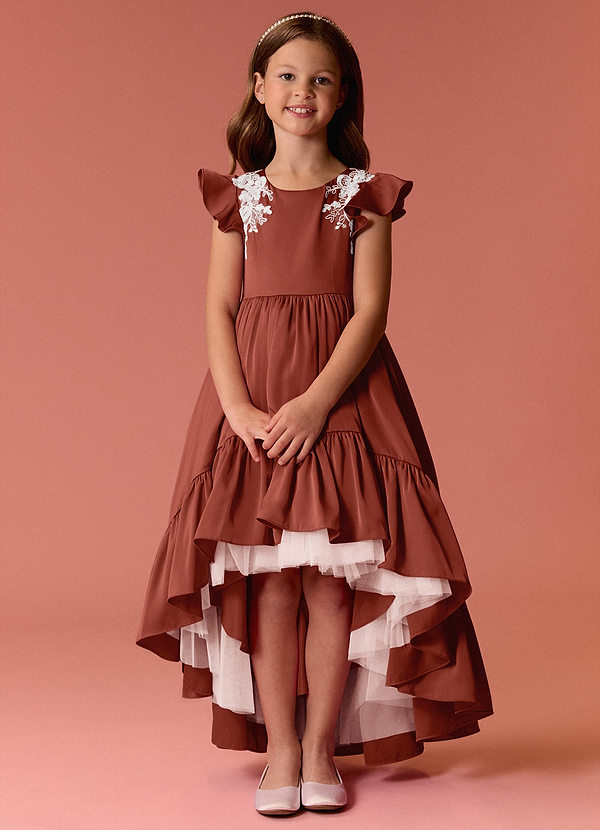 Barbie ♥ Azazie Flower Girl Dresses Terracotta A-Line Lace Stretch Satin Dress image1