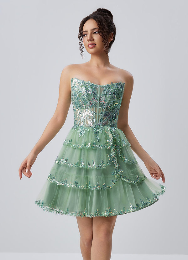 Esmayabella Verde Sage  Grisáceo Minivestido de tul con corsé, bordado de lentejuelas y volantes image1