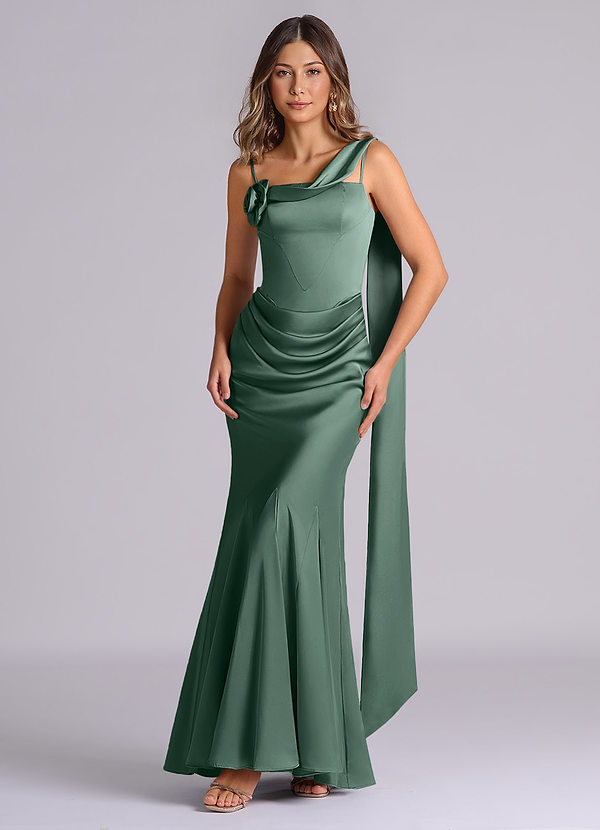 Azazie Inara Bridesmaid Dresses Eucalyptus Mermaid Pleated Stretch Satin Dress image1
