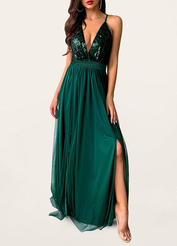 back Sweep Of Romance Dark Emerald Sequin Maxi Dress