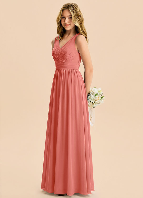 Azazie Kora Junior Vestido Rosa Salmón de Gasa de Corte en A con Plisado image1