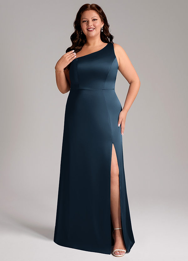 Azazie Phaedra Bridesmaid Dresses Dark Navy A-Line One Shoulder Stretch Satin Dress image1