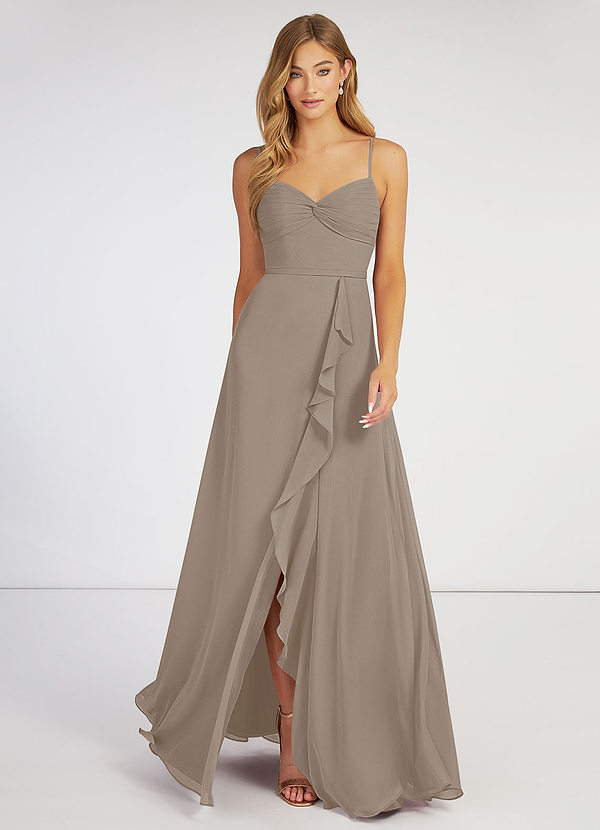 Azazie Evaline Bridesmaid Dresses Taupe A-Line Ruched Chiffon Dress image1