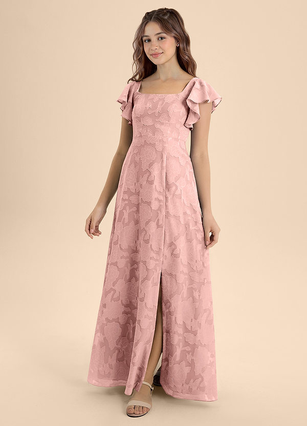 Azazie Bondi Junior Powder Pink A-Line Bow Floral Burnout Dress image1