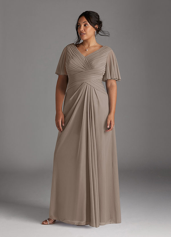 Azazie Emmeline Robe Mère de la Mariée & du Marié Robe Trapèze en Maille Col V plissé Taupe image1