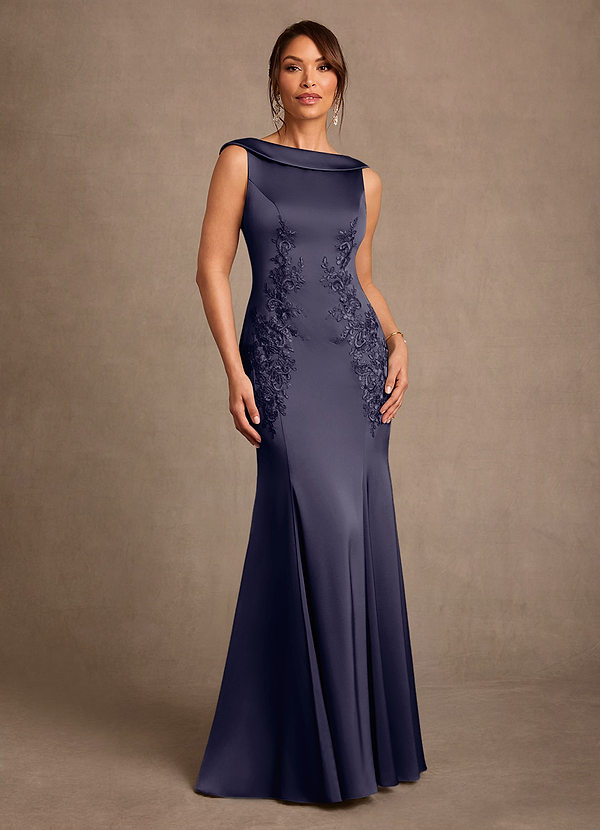 Azazie Franny Mother of the Bride Dresses Vestido Tormentoso de Cetim elástico de Bainha com Renda image1