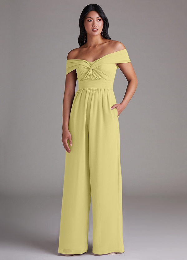 Azazie Lamara Robes Demoiselle d'honneur Combinaison Convertible en Mousseline de soie Épaule décolletée Sorbet Citron image1