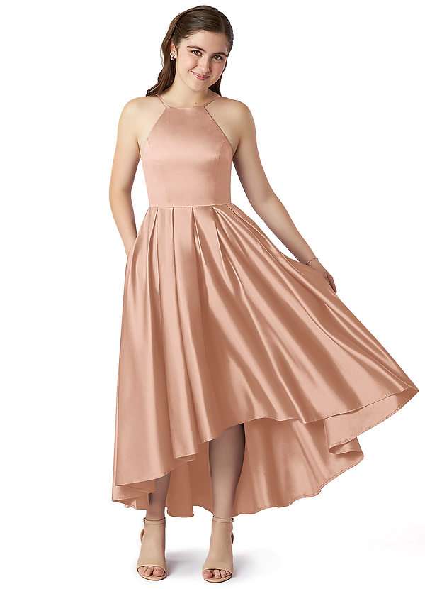Azazie Jemima Junior Rose Gold A-Line with Pockets Stretch Satin Dress image1