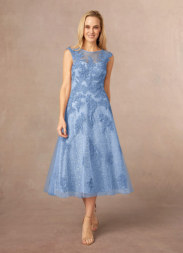 Azazie Flynn Mother of the Bride Dresses A-Line Boatneck Lace Tulle Tea-Length Dress image1