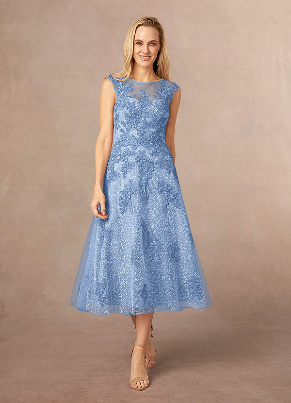 Azazie Flynn Mother of the Brides Dresses Steel Blue A-Line Boatneck Lace Tulle Dress image1