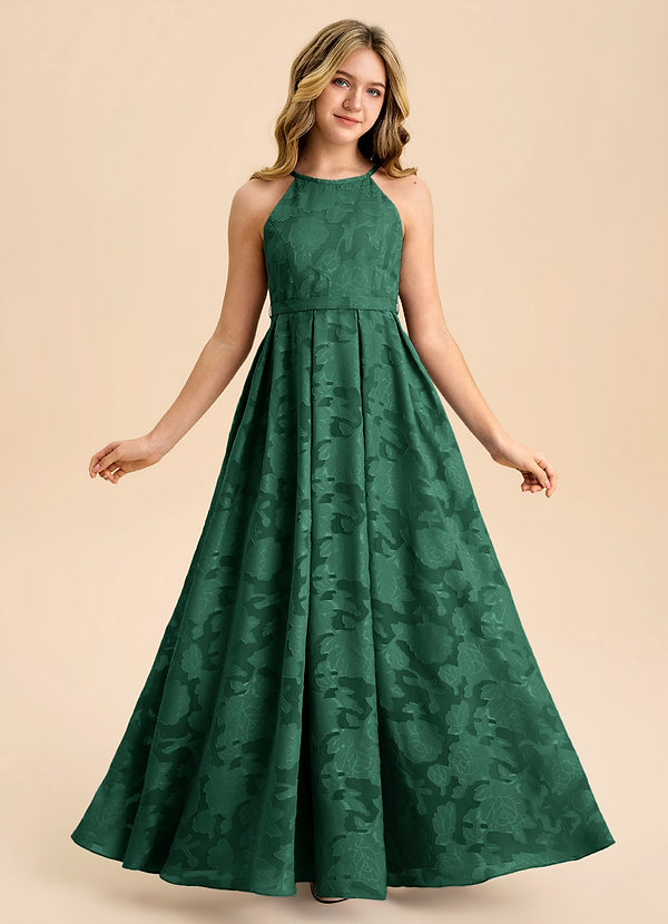Azazie Arianthe Junior Abito A-Line in Floral Burnout Plissettato Verde Scuro image1