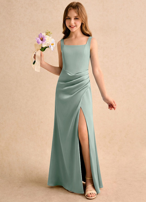 Azazie Noah Girls Formal Bloemenmeisjesjurken Kolom Jurk van Stretch Satijn Geplooide Agave image1