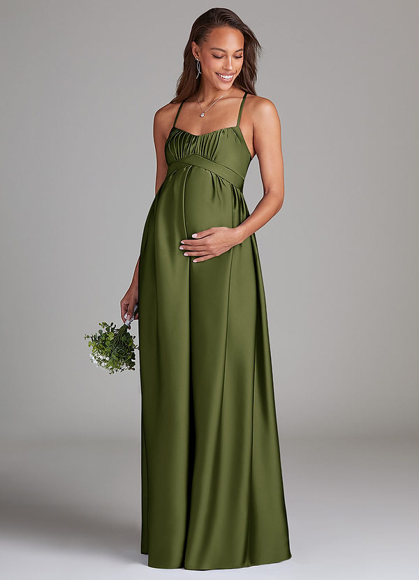 Azazie Llana Maternity Bridesmaid Dresses A-Line Stretch Satin Floor-Length Dress with Pockets image1