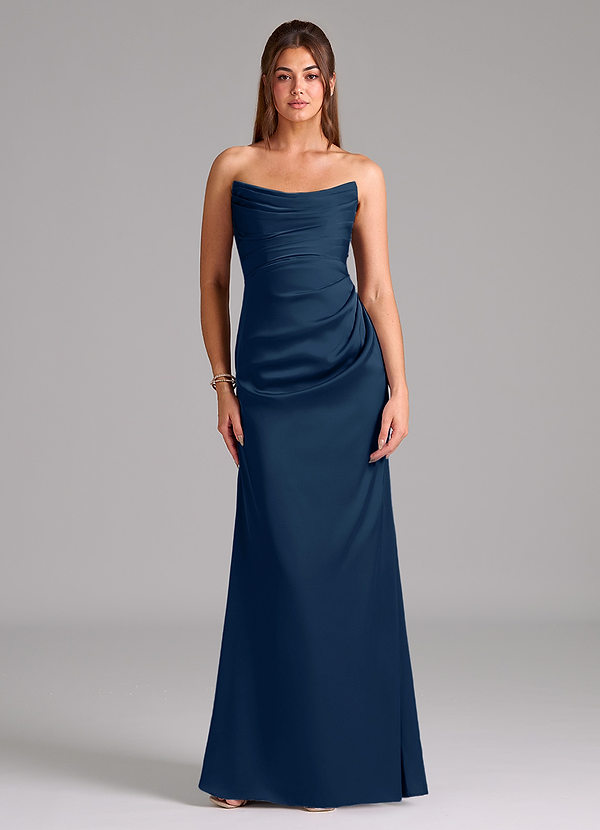 Azazie Lucille Bruidsmeisjes Jurken Converteerbaar Jurk van Stretch Satijn met Zeemeermin Strapless Donkere Marine image1