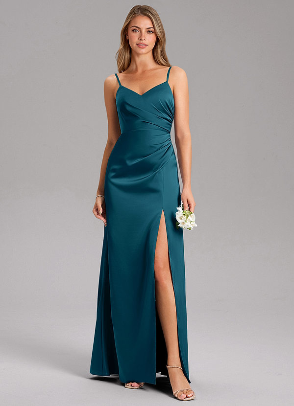 Azazie Azuree Robes Demoiselle d'honneur Robe Trapèze en Satin extensible Plissée Bleu Encre image1