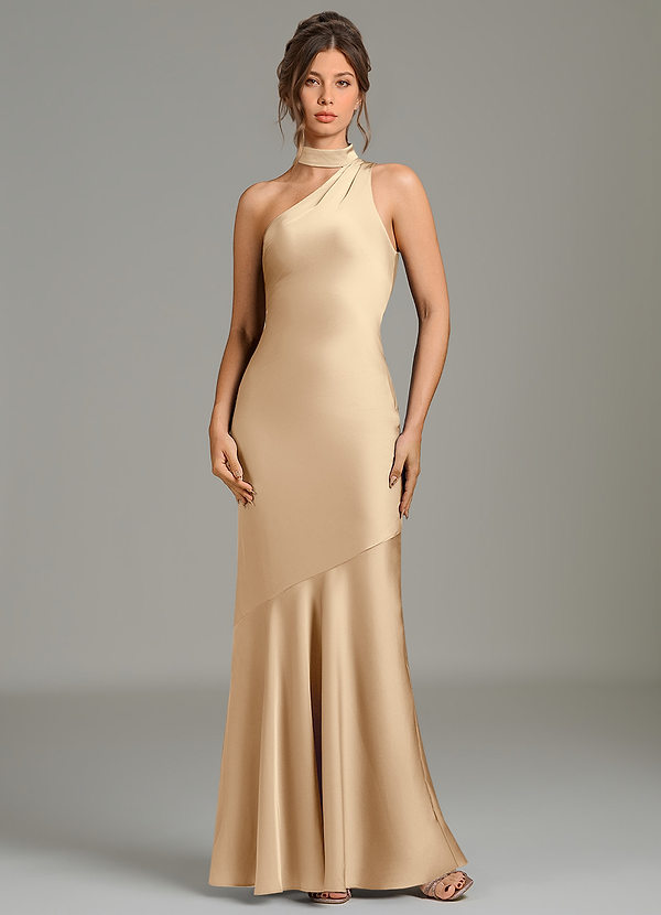 Azazie Jalissa Bridesmaid Dresses Champagne Mermaid One Shoulder Stretch Satin Dress image1