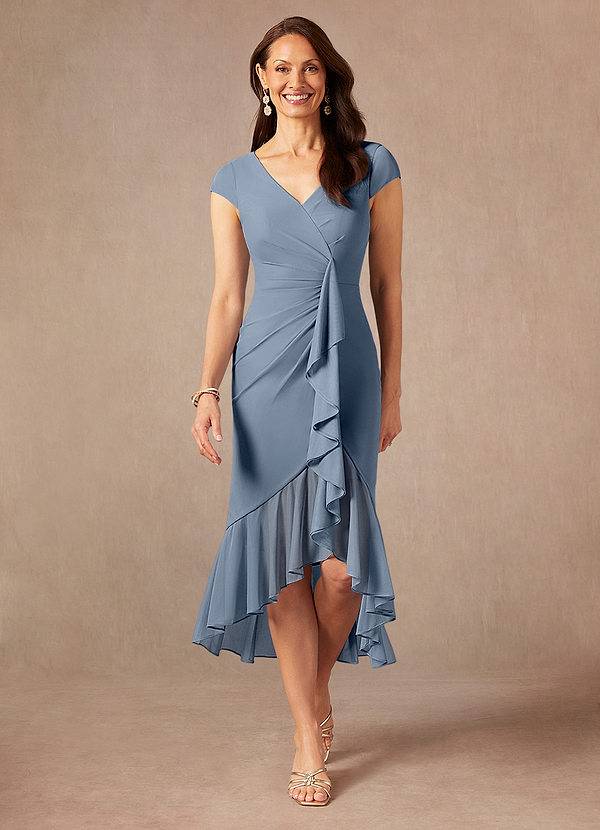 Azazie Renetta Mother of the Brides Dresses Twilight Sheath V-Neck Pleated Mesh Dress image1