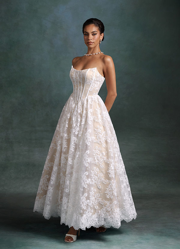 Azazie Brooklyn Wedding Dresses Diamond White Champagne Ball-Gown Strapless Lace Dress image1