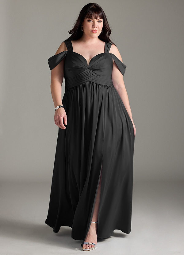 Azazie Lianne Bridesmaid Dresses Black A-Line Off the Shoulder Stretch Satin Dress image1