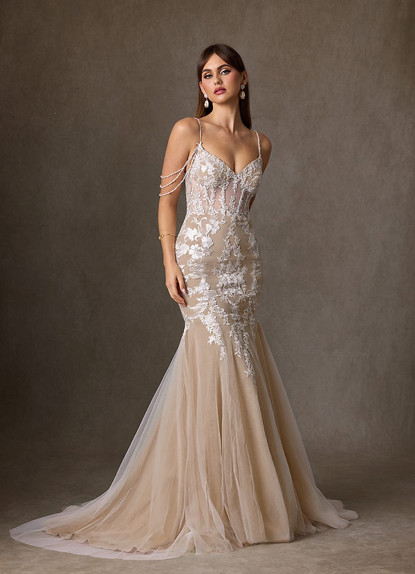 Azazie Denise Trouwjurken Jurk van Tule met Zeemeermin Pailletten Diamant Wit Naakt image1