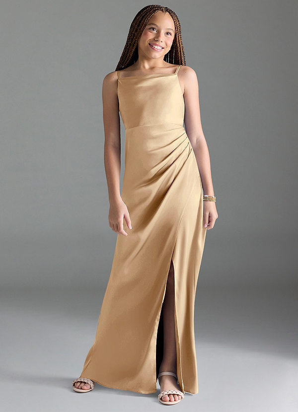 Azazie Leonis Junior Linia A Pofałdowany Satyna elastyczna Długość podłogi Młodsza druhna Sukienka image1