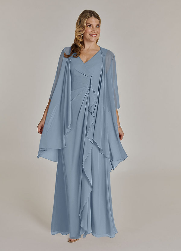 Azazie Manuella Mother of the Brides Dresses Dusty Blue A-Line V-Neck Pleated Chiffon Dress image1