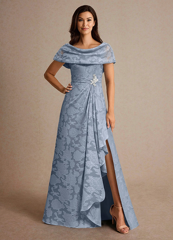Azazie Branford Vestidos de Madre de la Novia Vestido de Azul Polvoriento de Devorado Floral de Corte En A con Plisado image1