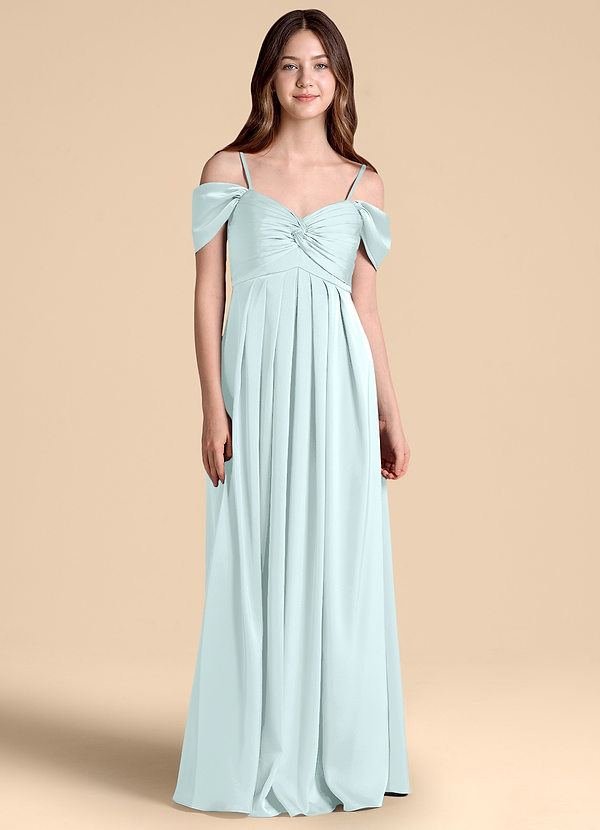 Azazie Kaitlynn Junior A-Linie Schulterfrei Stretch-Satin Kleid Seegrün image1