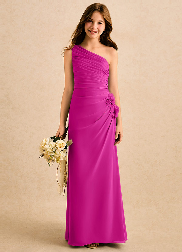 Azazie Sophie Girls Formal Robes de Fillette d'Honneur Robe Fourreau en Mousseline de soie Une épaule Fuchsia image1