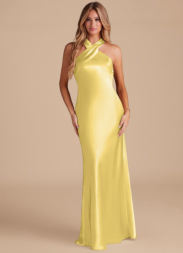 Azazie Doretta Bridesmaid Dresses Canary Mermaid Bow Metallic Satin Dress image1