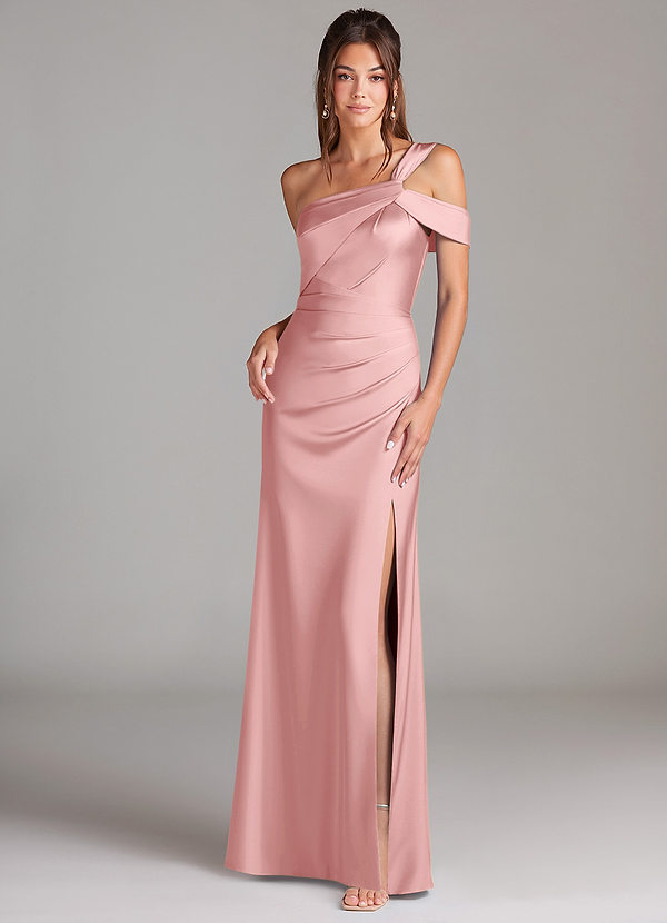 Azazie Wynter Vestidos Dama de Honor Vestido de Rosa Empolvado de Satén Elástico de Corte Recto con Hombro unilateral image1