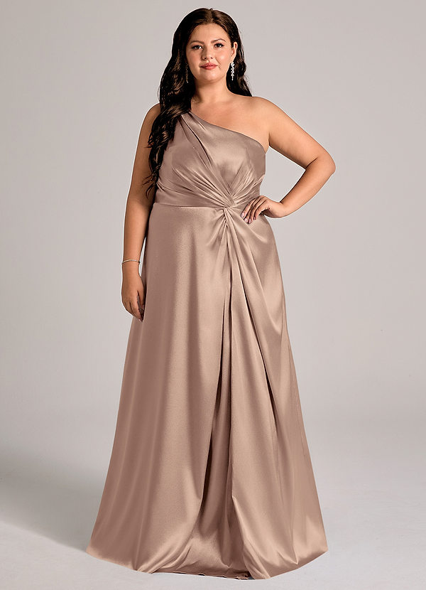 Azazie Brooke Bridesmaid Dresses Taupe A-Line One Shoulder Metallic Satin Dress image1