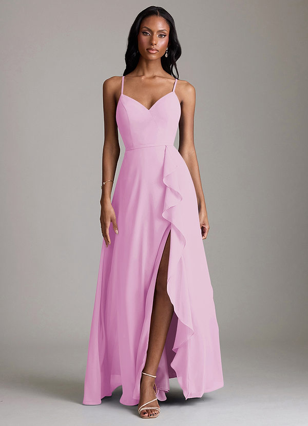 Azazie Naeem Bridesmaid Dresses Candy Pink A-Line V-Neck Ruffle Chiffon Dress image1