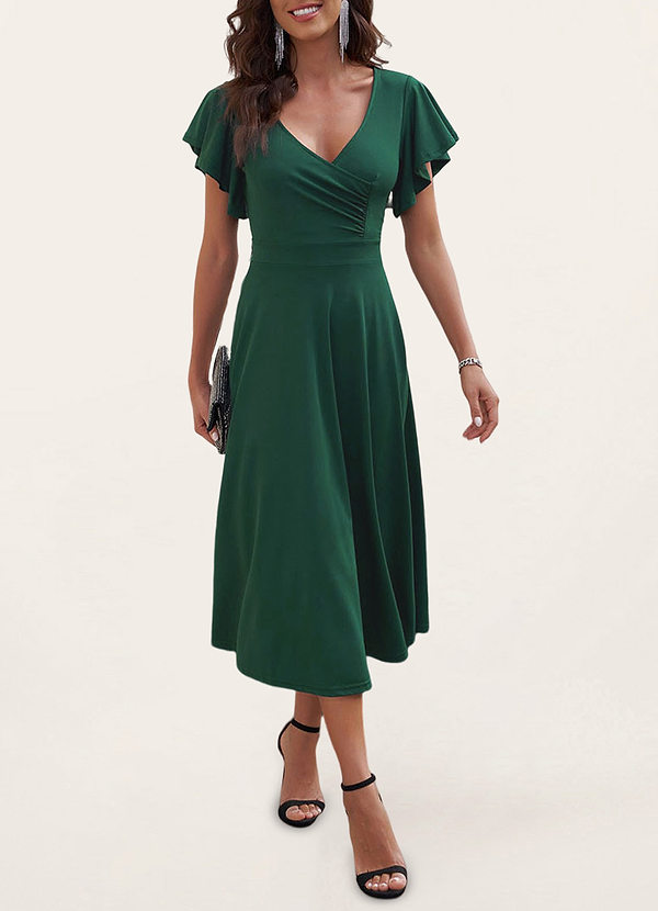 Caribou Dark Emerald Ruffled Sleeve Midi Dress Dresses | Azazie