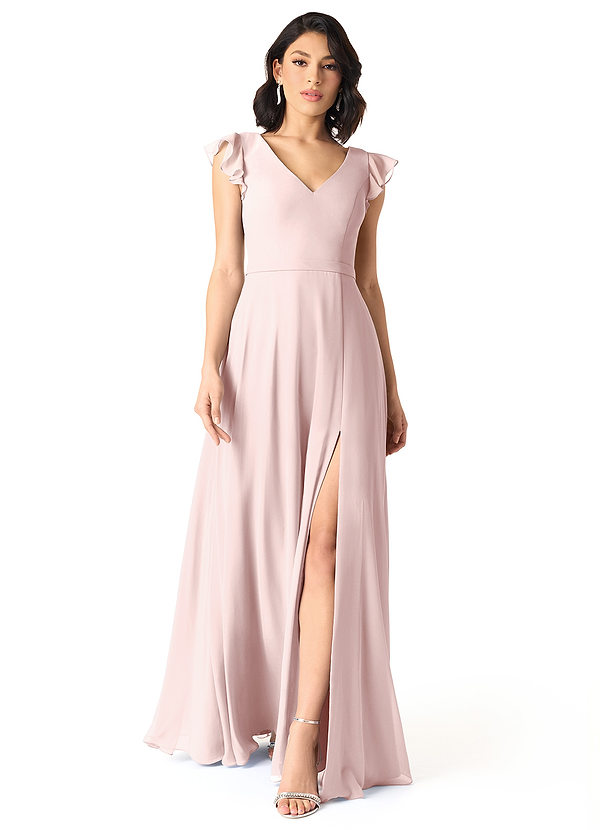 Azazie Claudine Bridesmaid Dresses Blushing Pink A-Line Flutter Sleeve Chiffon Dress image1