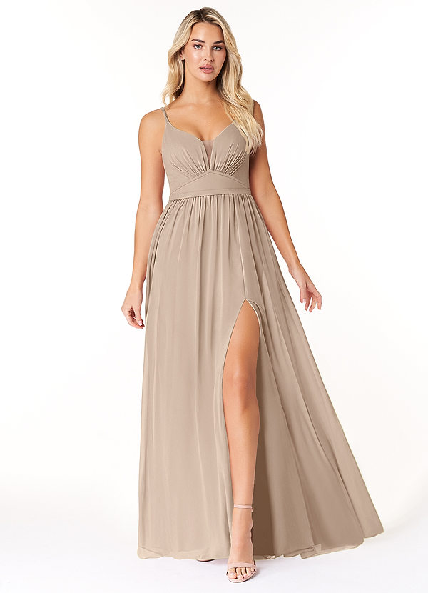 Azazie Rayna Brautjungfernkleider A-Linie V-Hals Gefaltet Chiffon Kleid Taupe image1