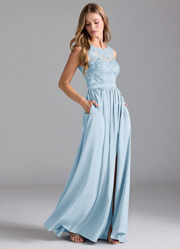 Azazie Elly Bridesmaid Dresses Sky Blue A-Line Lace Stretch Satin Dress image1