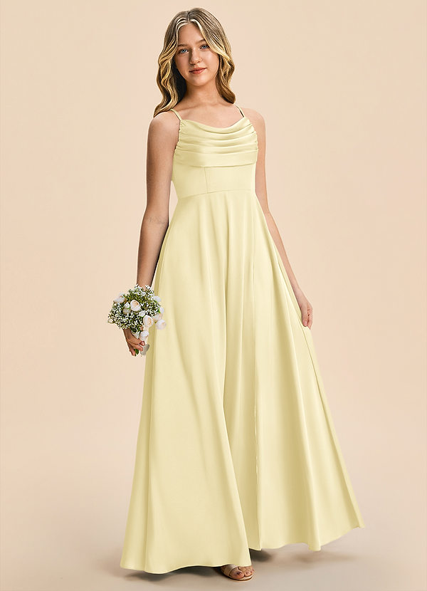 Azazie Gia Junior Robe Trapèze en Satin extensible Plissé Sorbet Citron image1