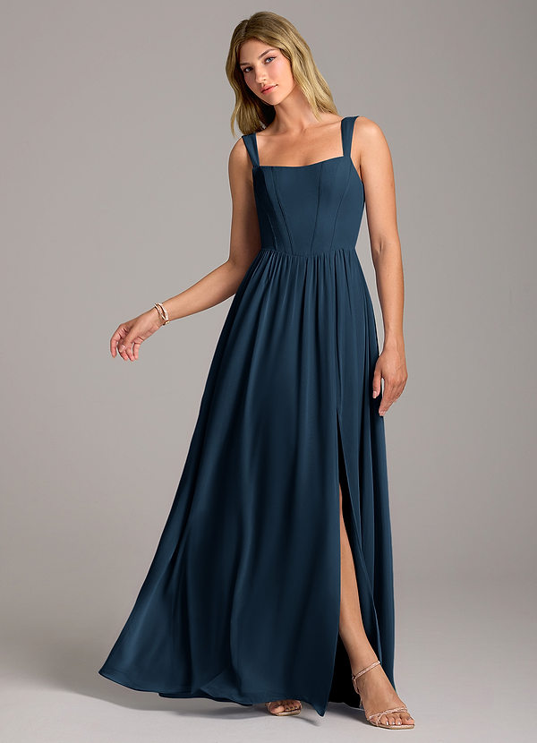 Azazie Rosaline Brautjungfernkleider A-Linie Seitliche Cut-Outs Chiffon Kleid Dunkelmarine image1