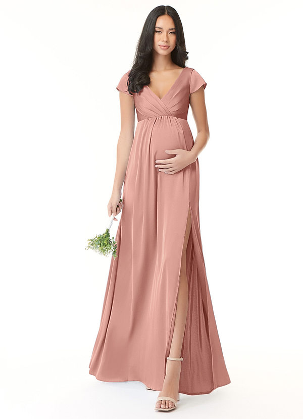 Azazie Allessia Maternity Bridesmaid Dresses Flowy Pleated Stretch Satin Long Dress image1