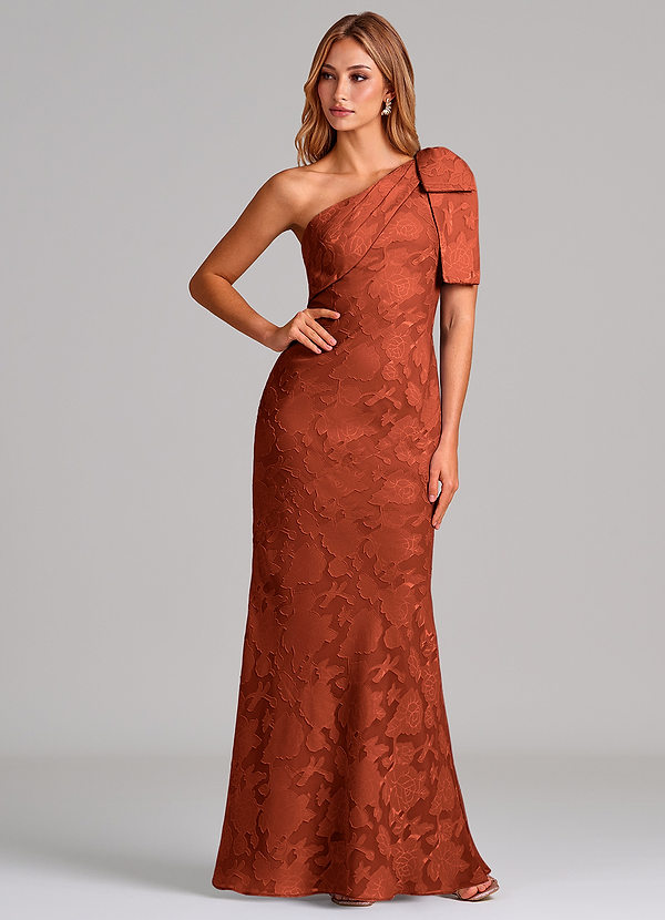 Azazie Yuanna 신부 들러리 드레스 인어 한쪽 어깨 플로럴 번아웃 바닥 길이 드레스 image1