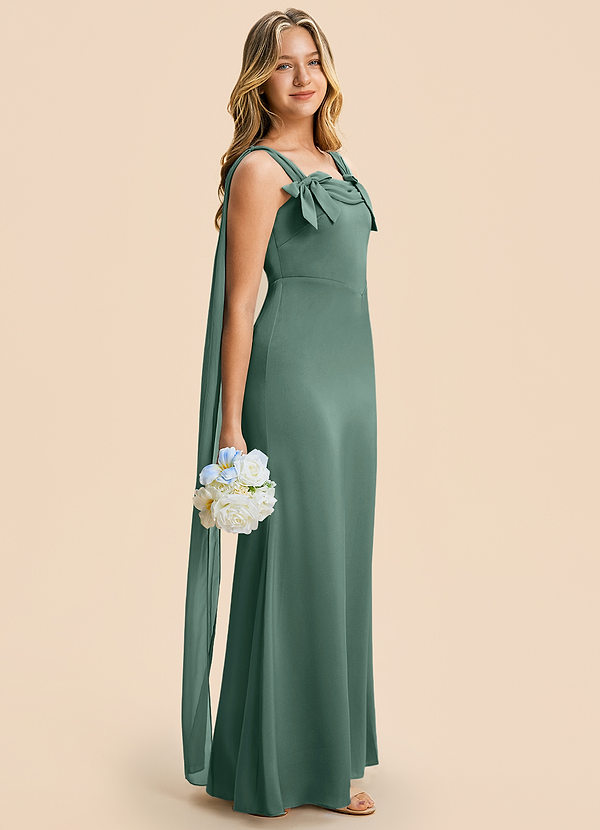 Azazie Chelsea Junior Eucalyptus Sheath Pleated Stretch Satin Dress image1