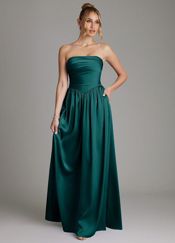 Azazie Zena Bridesmaid Dresses Peacock A-Line Strapless Stretch Satin Dress image1