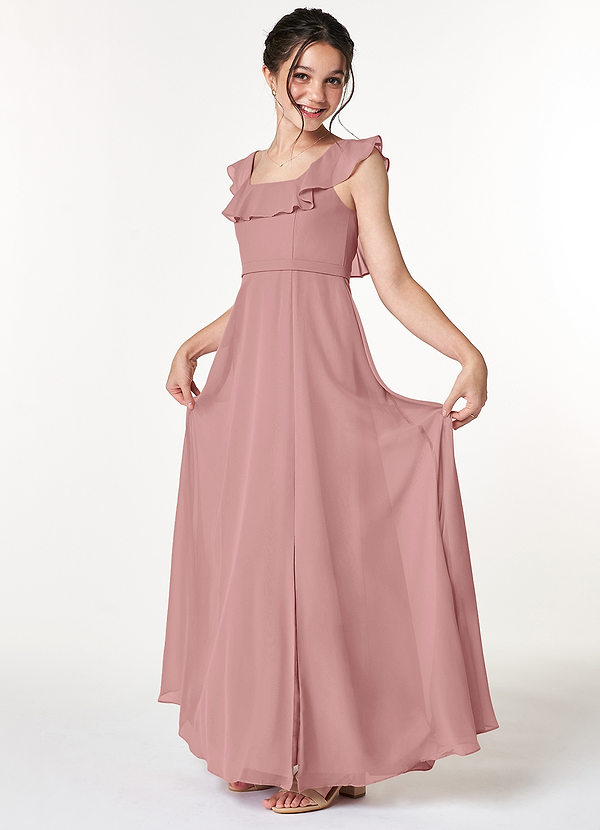 Azazie Jinny Junior Robe Trapèze en Mousseline de soie Rayé Rose Poussiéreuse image1