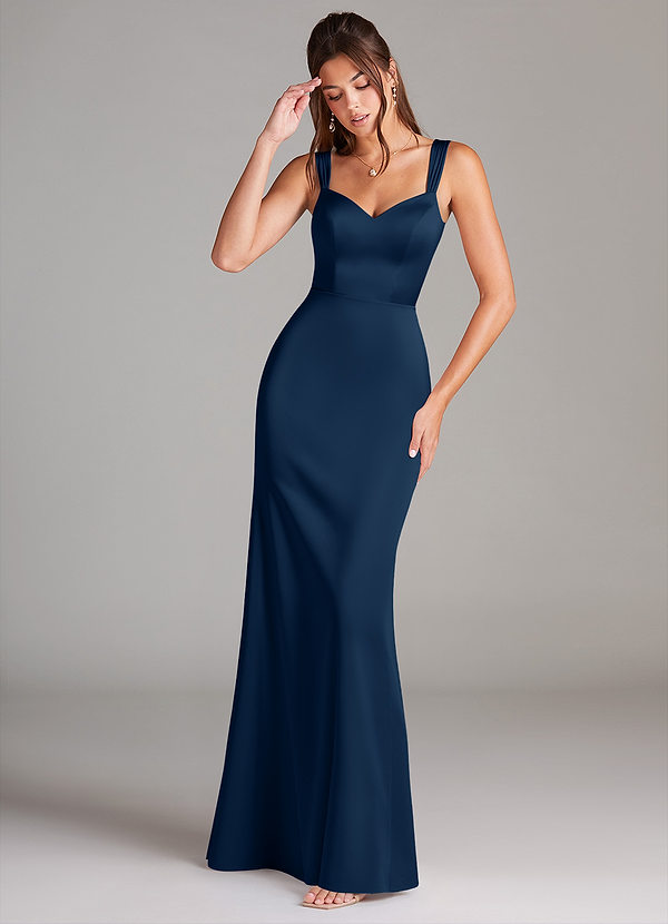 Azazie Denice Vestido Invitada Boda Vestido de Azul Marino Oscuro de Satén Elástico de Corte Recto con Plisado image1