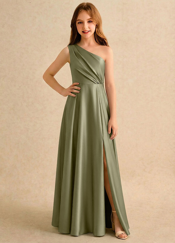 Azazie Puddles Girls Formal Robes de Fillette d'Honneur Robe Trapèze en Satin extensible Une épaule Pistache image1