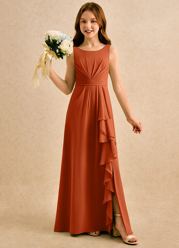 Azazie Chibi Girls Formal Abiti da Ragazza di Fiori Abito A-Line in Chiffon Plissettato Arancia Bruciata image1