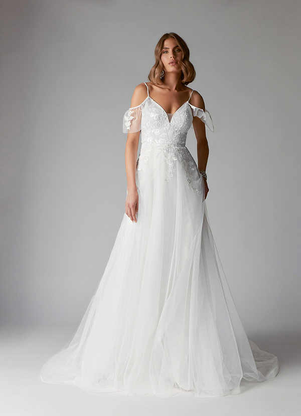 Azazie Iva Wedding Dresses A-Line V-Neck Sequins Tulle Chapel Train Dress image1