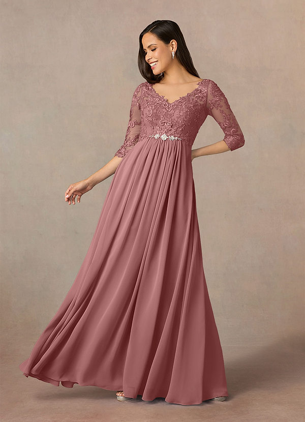 Azazie Hayek Brautmutterkleider A-Linie V-Hals Spitze Chiffon Kleid Wüstenrose image1